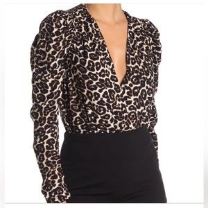 EUC animal print black bodysuit crossover V neckline long sleeve silky M SMC